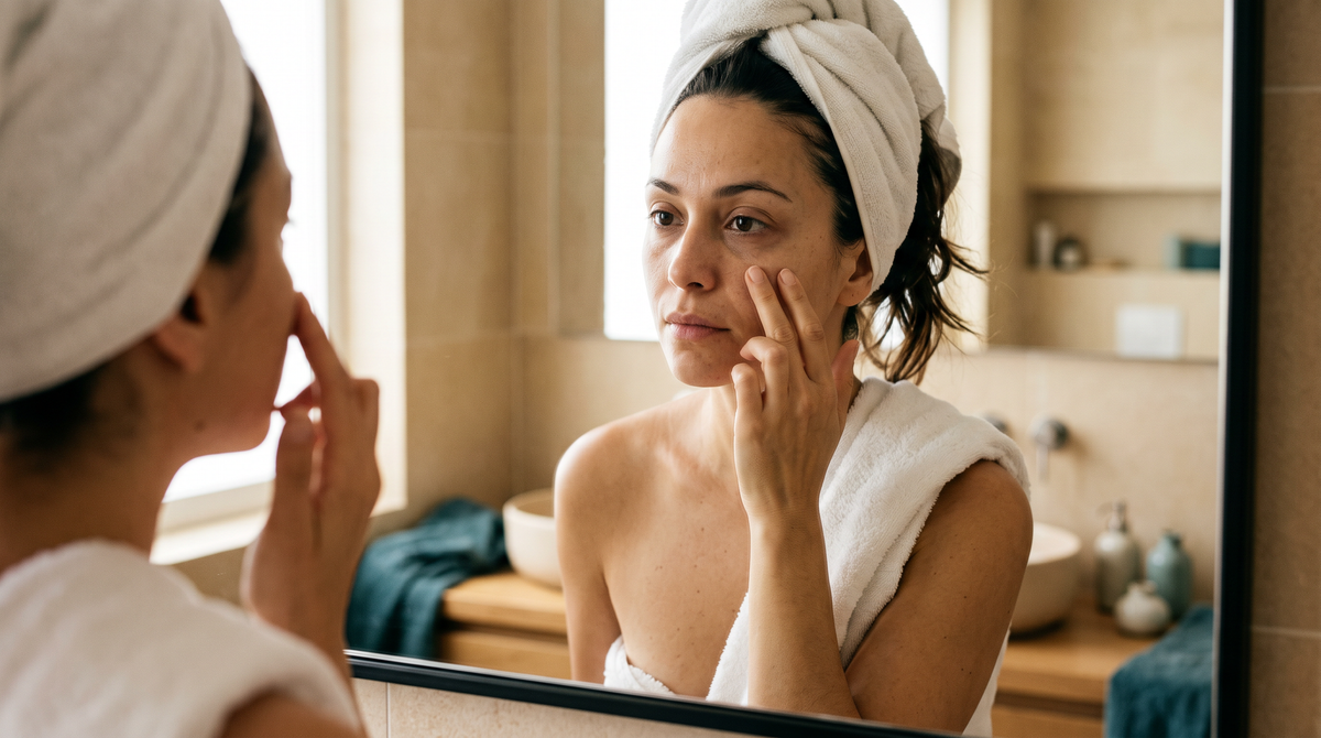 Woman at a bathroom mirror in morning light gently checking the skin under her eye with her fingertip