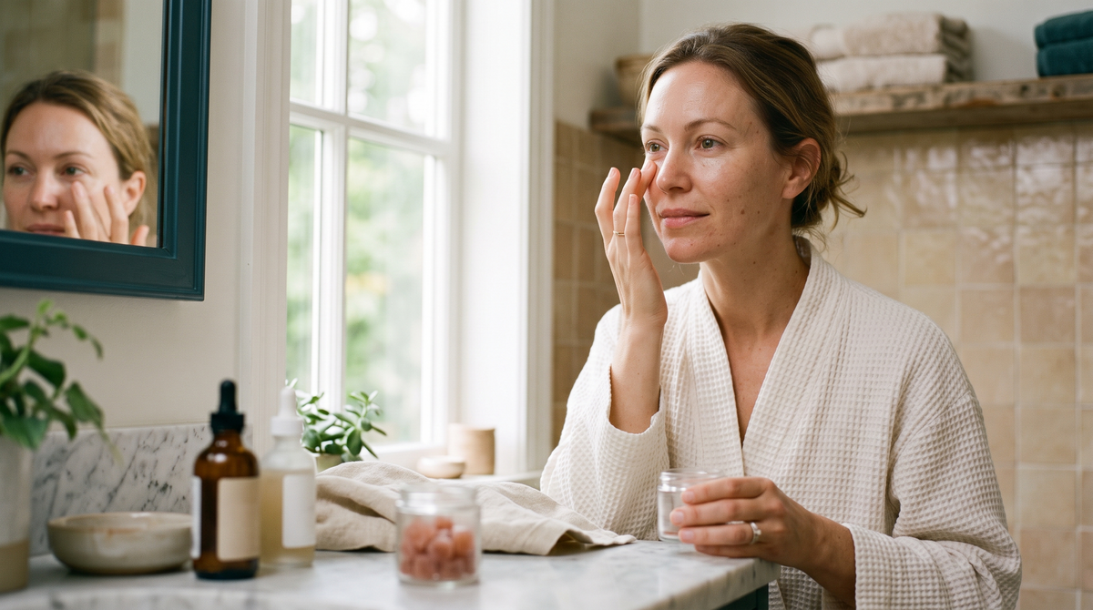 Woman tapping eye cream under her eye in a bright bathroom during her morning routine