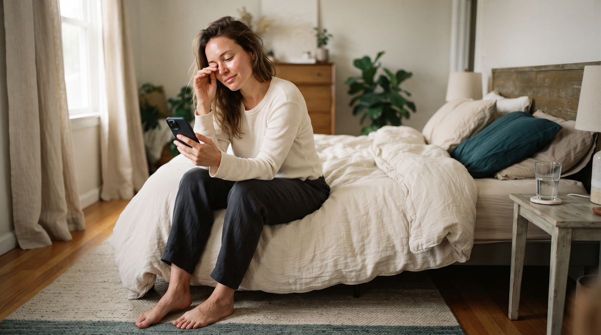 Woman sitting on her bed in morning light with a phone and a glass of water, looking a little tired