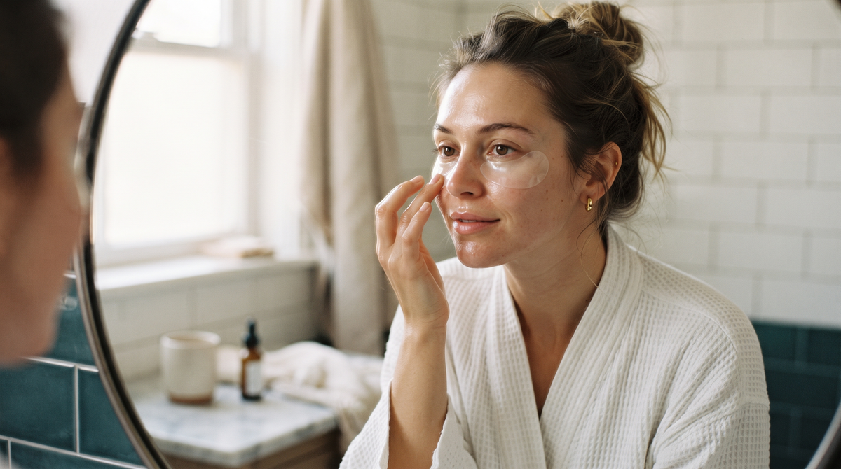 Woman in a white robe applying a translucent hydrogel patch under her eye in a bright bathroom