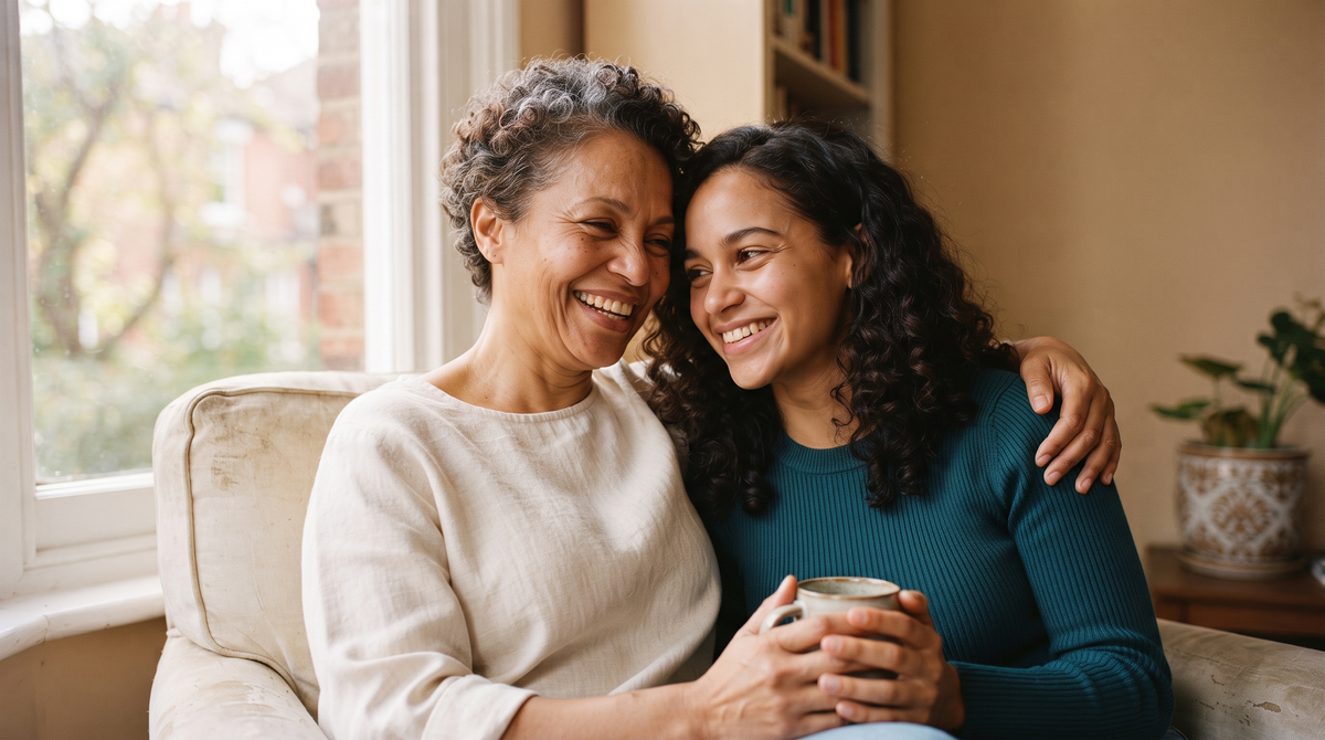 Mother and adult daughter with similar eye shapes sitting together by a sunlit window