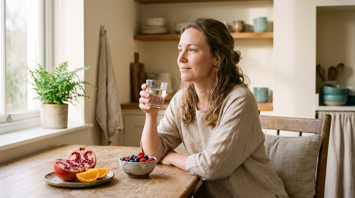 Woman with natural skin texture at a bright kitchen table with berries, pomegranate and a glass of water in morning light