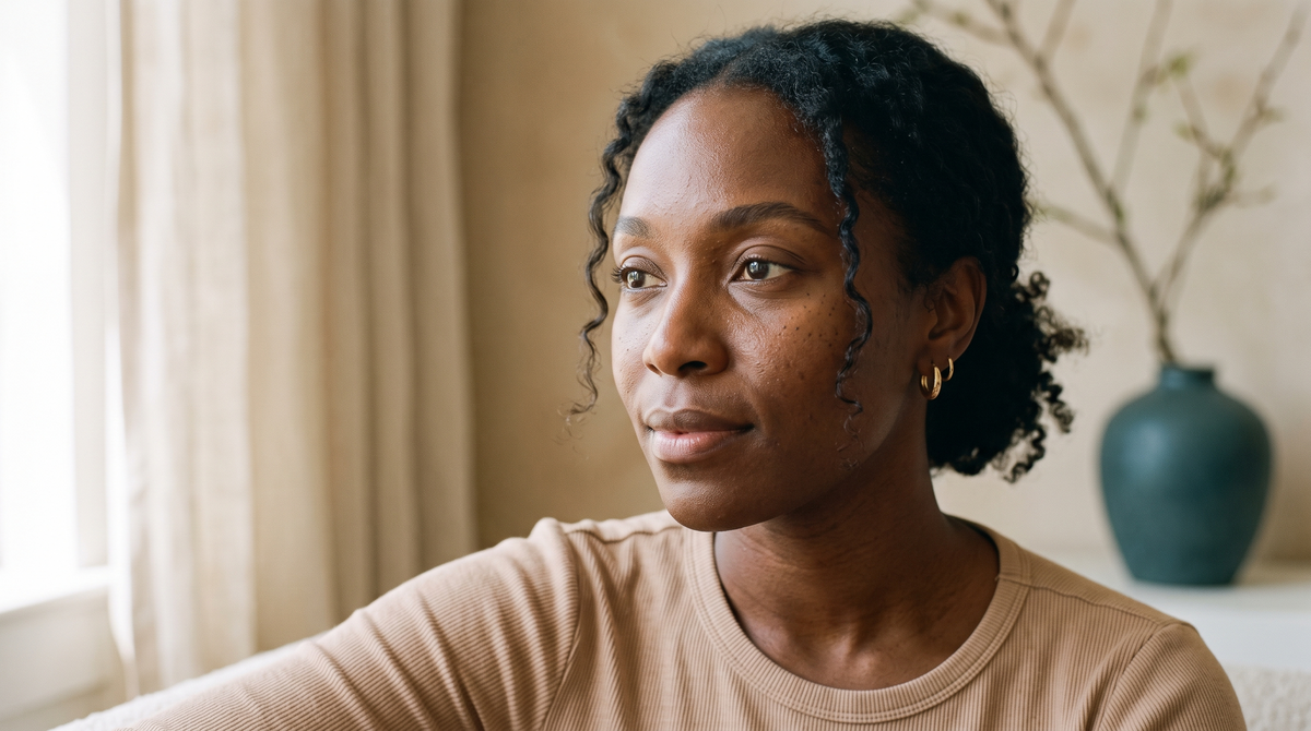 Close-up portrait of a woman with deep brown skin in soft morning light, showing natural under-eye skin texture