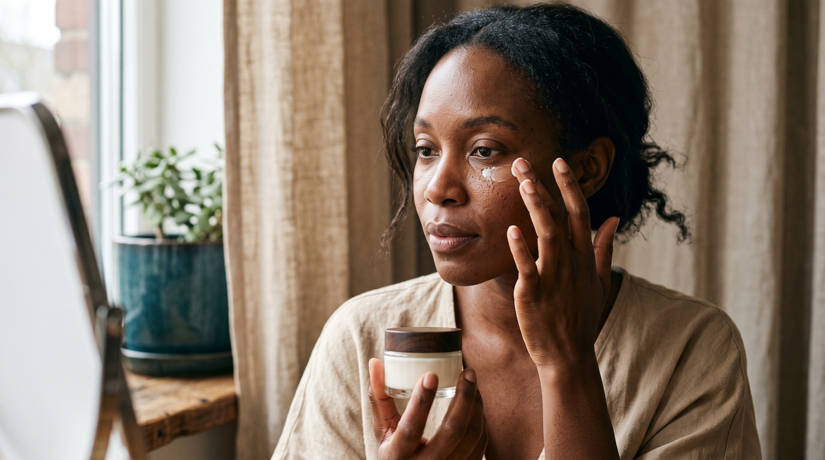 Woman gently patting eye cream under her eye with her ring finger in soft daylight