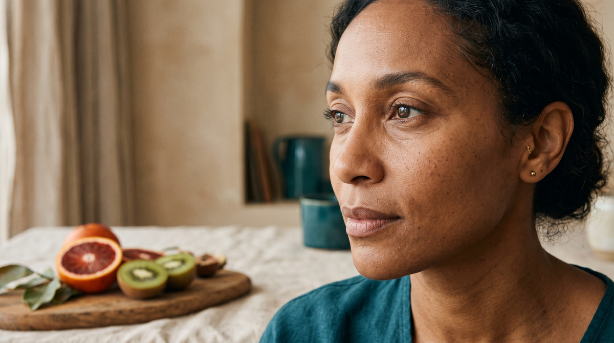 Close-up of a woman's under-eye area with natural skin texture beside halved oranges and kiwi in soft daylight